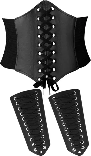 SATINIOR 3 Pieces Women Renaissance Corset Belts with Leather Gauntlets Stretch Elastic Belt for Halloween Women Costume