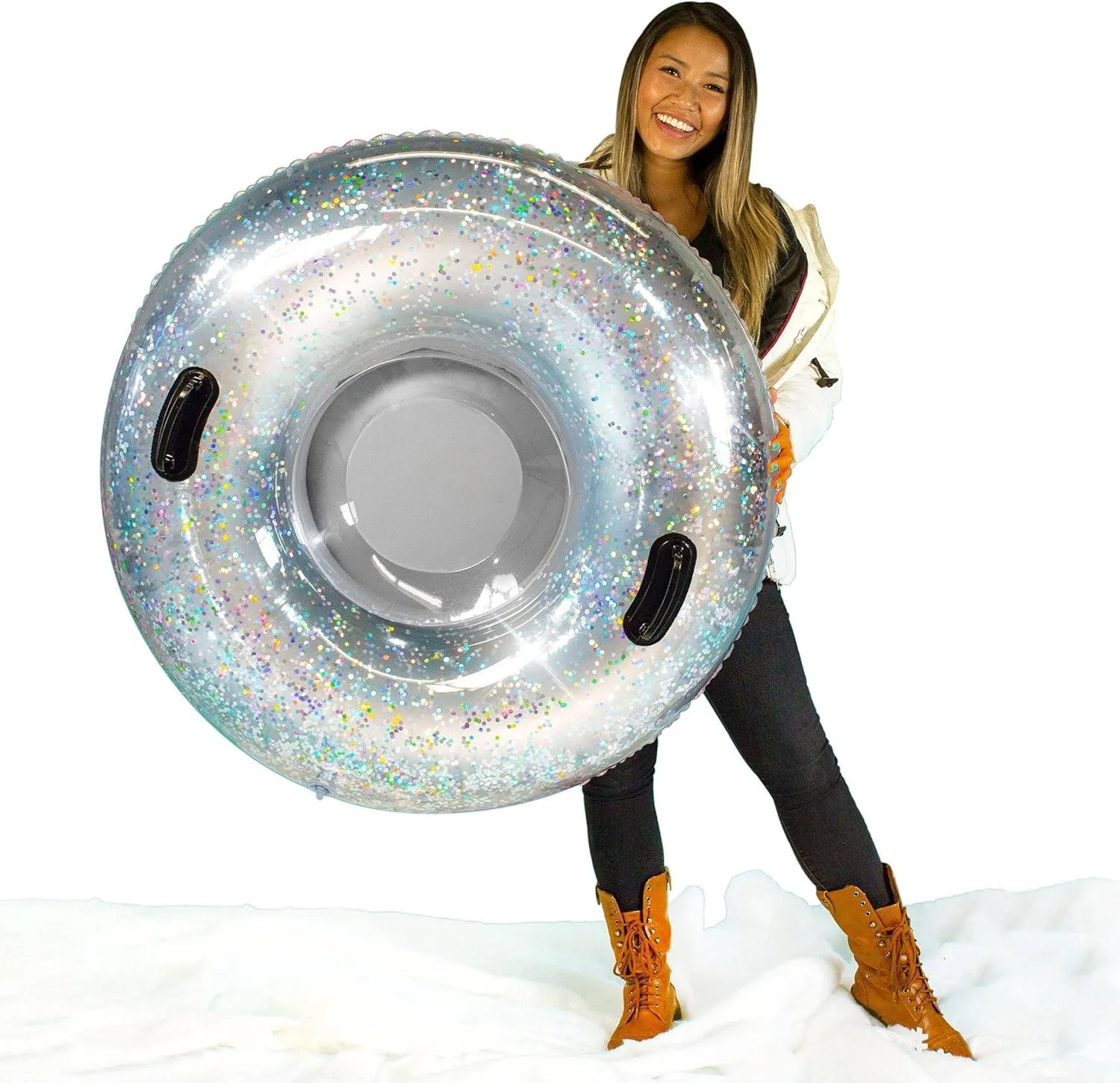 Silver Glitter Snow Tube  Large Inflatable Snow Sled with Holographic Sparkle  Heavy-Duty, Cold-Resistant PVC, Supports Up to 250 lbs