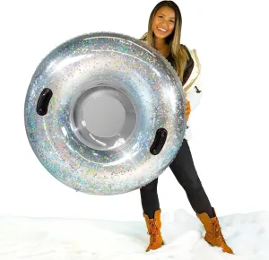 Silver Glitter Snow Tube  Large Inflatable Snow Sled with Holographic Sparkle  Heavy-Duty, Cold-Resistant PVC, Supports Up to 250 lbs