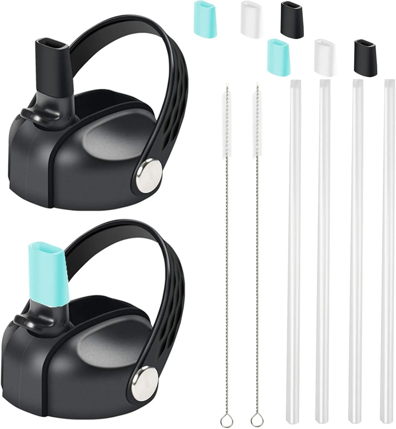 Straw Lids for HydroFlask Wide Mouth(2.28 in) 12 16 18 20 32 40 Ounce, Flex Straw Lid for Hydro Flask, Wide Mouth Water Bottle Accessories with Straw and Brush (Black-2Pcs)