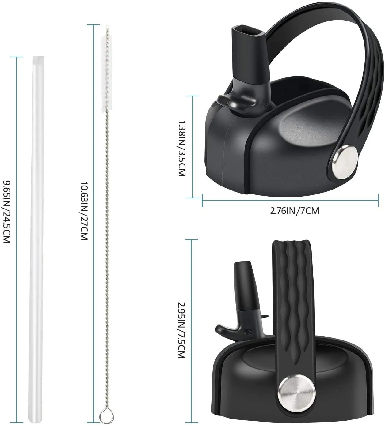 Straw Lids for HydroFlask Wide Mouth(2.28 in) 12 16 18 20 32 40 Ounce, Flex Straw Lid for Hydro Flask, Wide Mouth Water Bottle Accessories with Straw and Brush (Black-2Pcs)