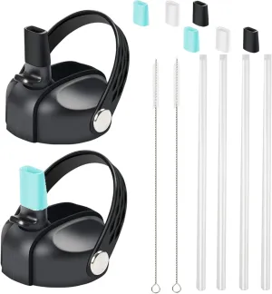 Straw Lids for HydroFlask Wide Mouth(2.28 in) 12 16 18 20 32 40 Ounce, Flex Straw Lid for Hydro Flask, Wide Mouth Water Bottle Accessories with Straw and Brush (Black-2Pcs)