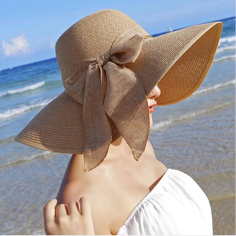 Summer Women Bowknot Wide Brim Panama Hat Outdoor Foldable Beach Hat