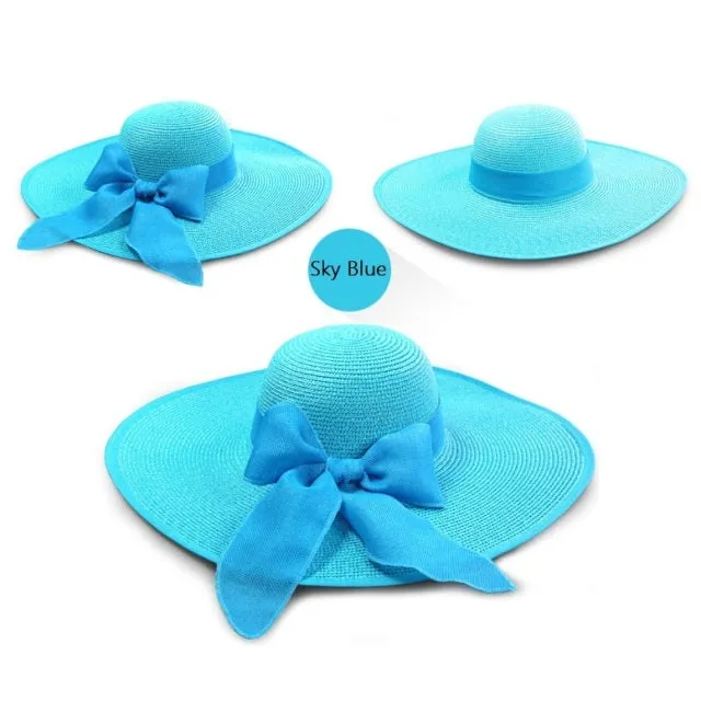 Summer Women Bowknot Wide Brim Panama Hat Outdoor Foldable Beach Hat