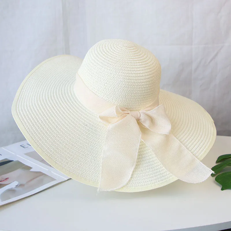 Summer Women Bowknot Wide Brim Panama Hat Outdoor Foldable Beach Hat