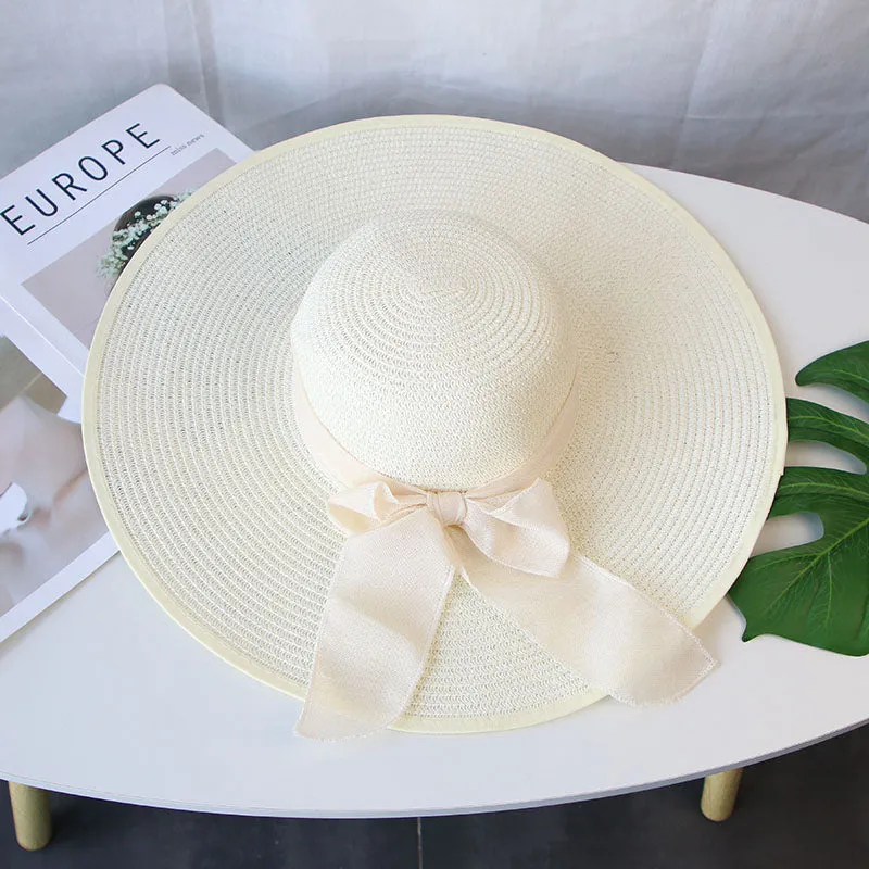 Summer Women Bowknot Wide Brim Panama Hat Outdoor Foldable Beach Hat