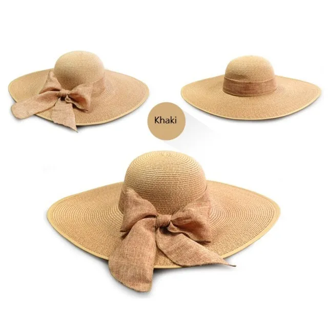 Summer Women Bowknot Wide Brim Panama Hat Outdoor Foldable Beach Hat