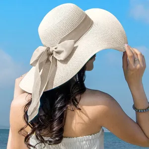 Summer Women Bowknot Wide Brim Panama Hat Outdoor Foldable Beach Hat