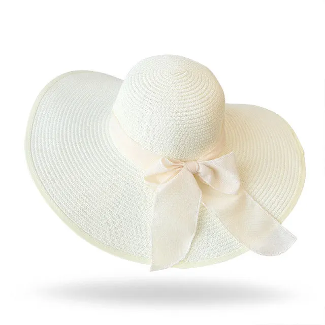 Summer Women Bowknot Wide Brim Panama Hat Outdoor Foldable Beach Hat