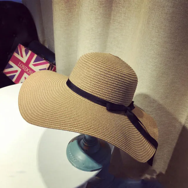 Summer Women Bowknot Wide Brim Panama Hat Outdoor Foldable Beach Hat