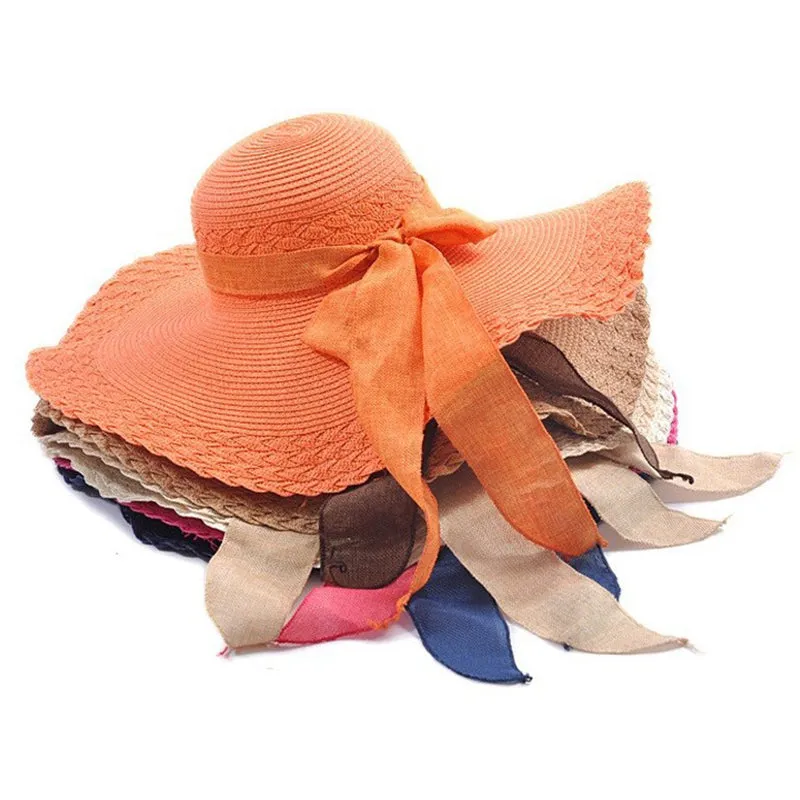 Summer Women Bowknot Wide Brim Panama Hat Outdoor Foldable Beach Hat