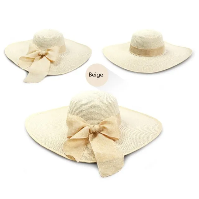 Summer Women Bowknot Wide Brim Panama Hat Outdoor Foldable Beach Hat