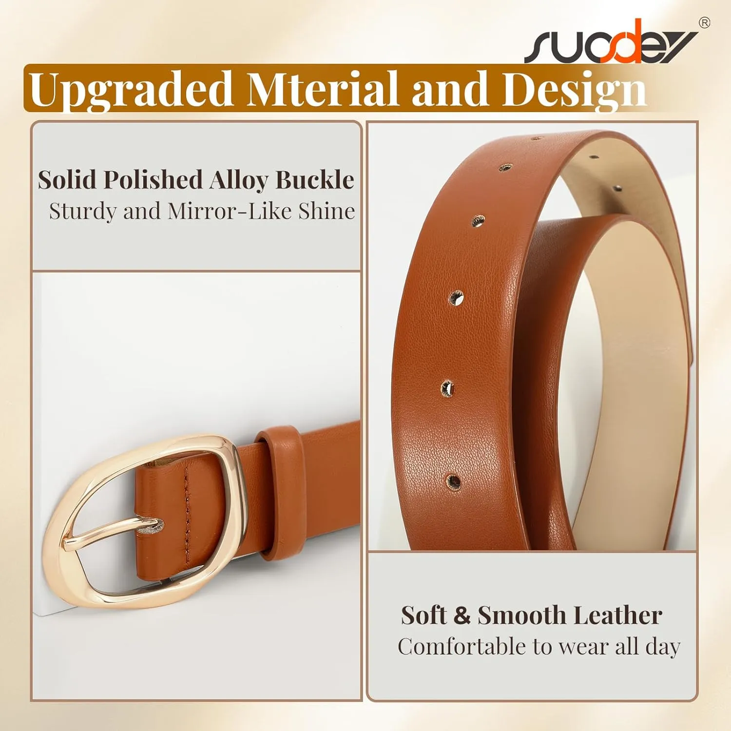 SUOSDEY Leather Belts for Women, Ladies Waist Belt with Liquid Shape Buckle for Jeans Pants Dresses,1.4" width