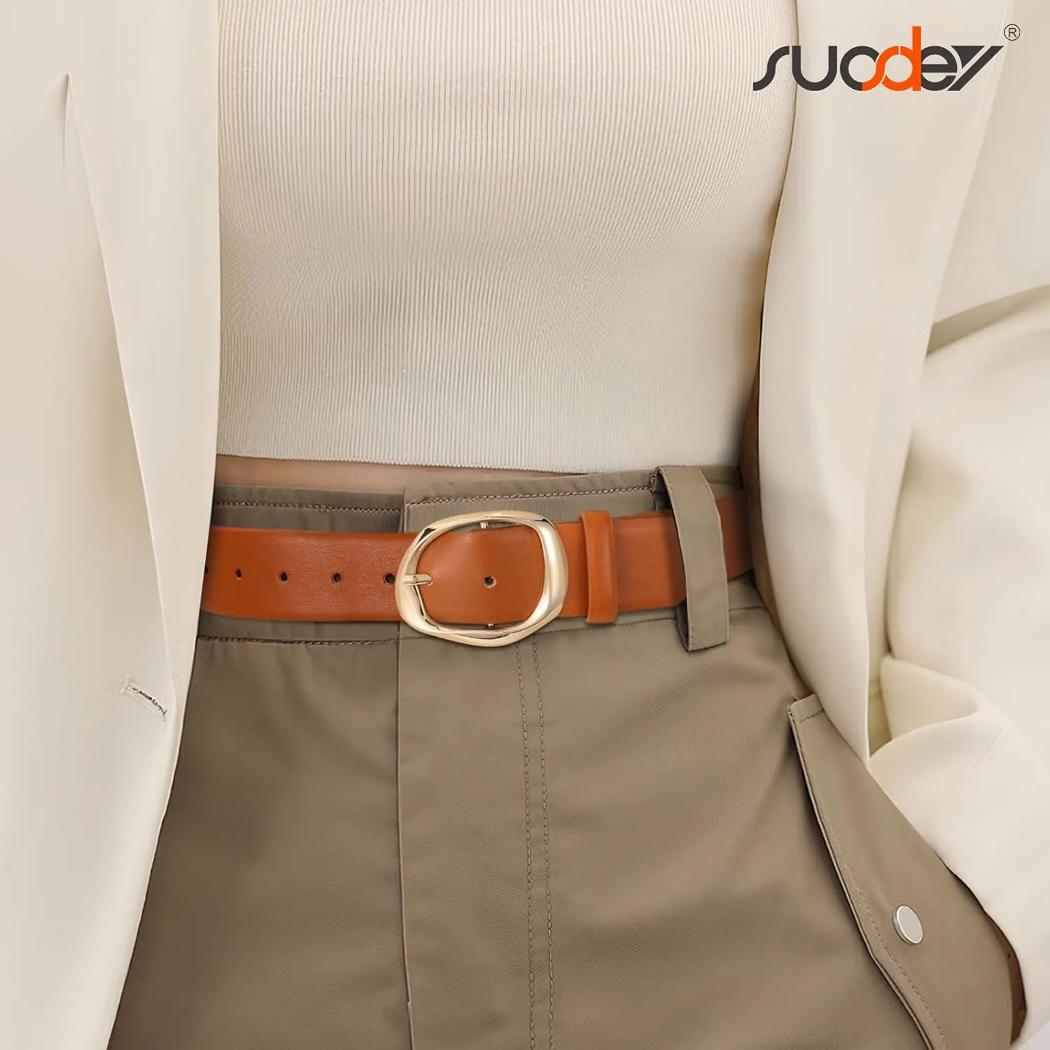 SUOSDEY Leather Belts for Women, Ladies Waist Belt with Liquid Shape Buckle for Jeans Pants Dresses,1.4" width