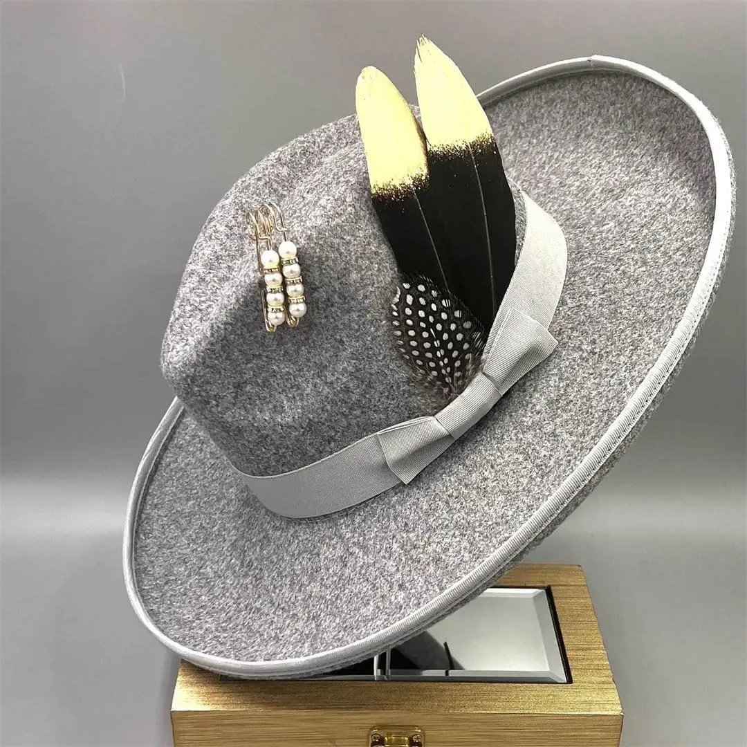Wjnvfioo Fedoras Hat Bow Ribbon Feather Accessories Autumn Winter Men's And Women's Hats Fashion Wide Brimmed Hats