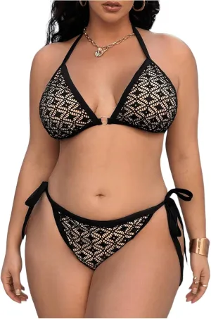 Women Plus Size Thong Bikini Sets String Two Piece Halter Swimsuits with Tie Side Bottom