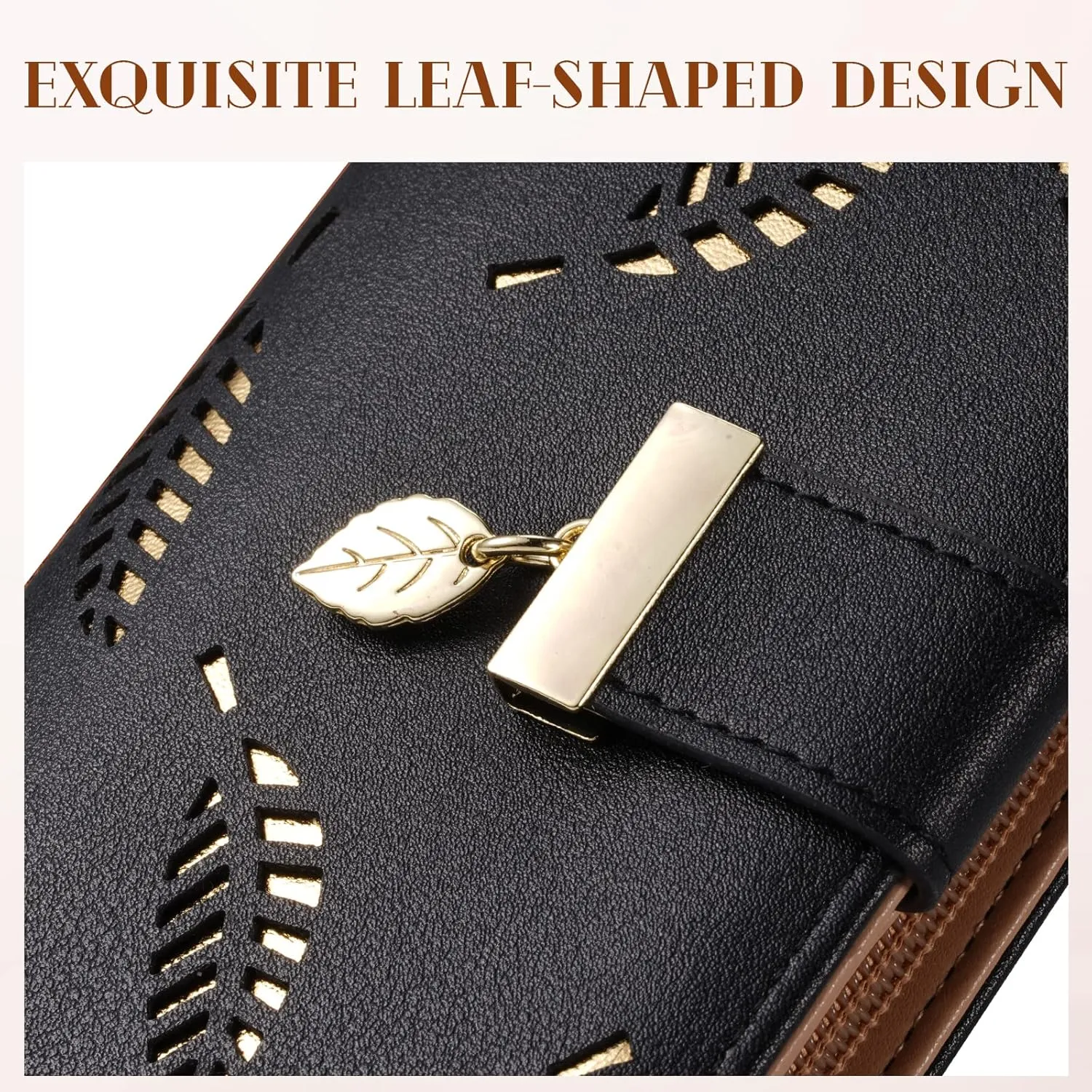 Women's Long Leaf Bifold Wallet Leather Card Holder Purse Zipper Buckle Elegant Clutch Wallet Handbag for Women - Black