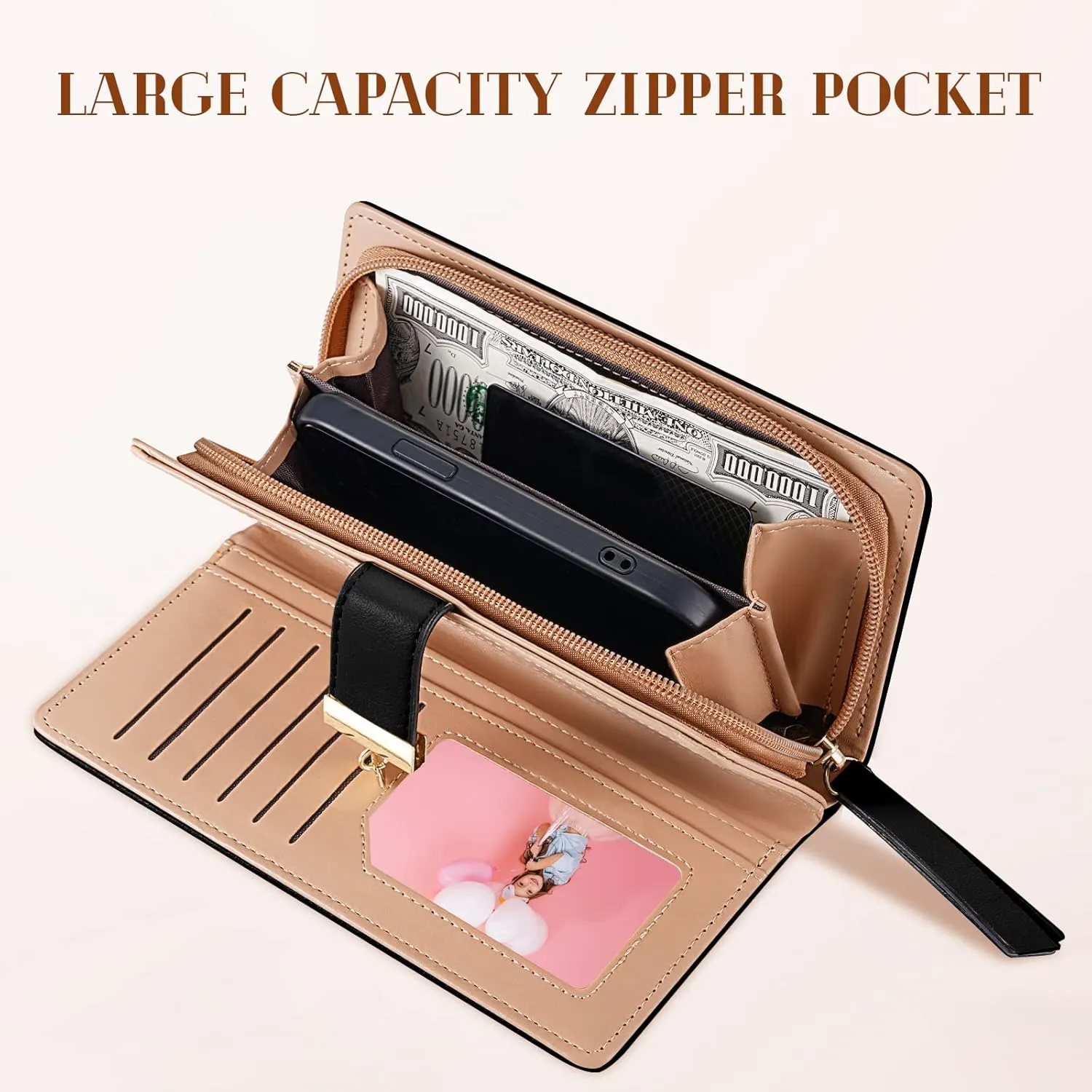Women's Long Leaf Bifold Wallet Leather Card Holder Purse Zipper Buckle Elegant Clutch Wallet Handbag for Women - Black