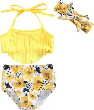 Yccutest Infant Baby Girl Flower Swimsuit 3Pcs Halter Triangle Tops Ruffle Bottoms Sun Hat Bikini Set Bathing Suit Swimwear
