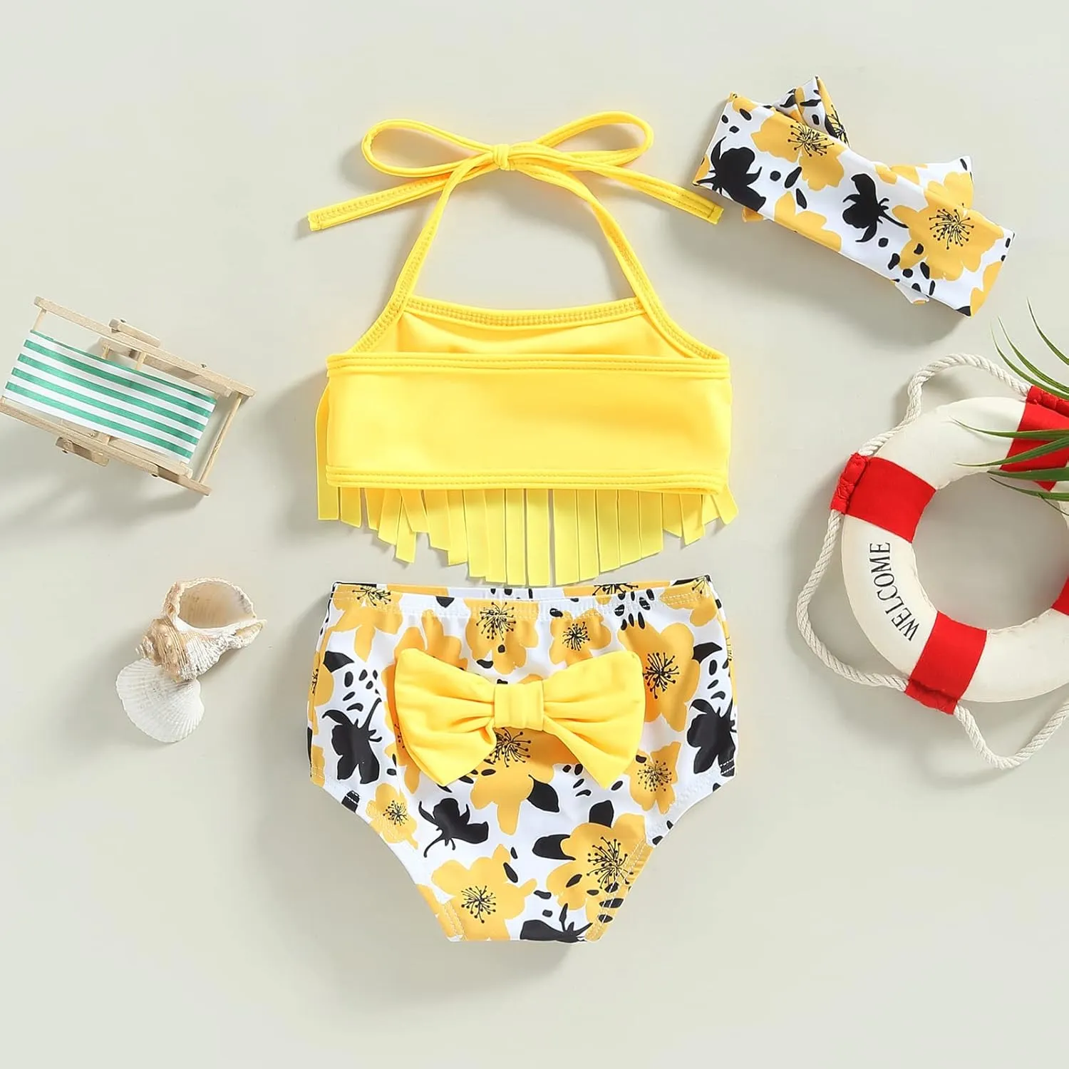Yccutest Infant Baby Girl Flower Swimsuit 3Pcs Halter Triangle Tops Ruffle Bottoms Sun Hat Bikini Set Bathing Suit Swimwear