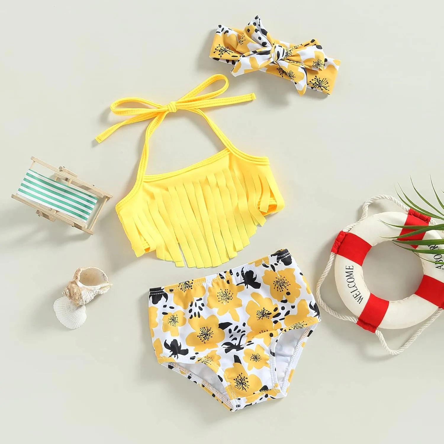 Yccutest Infant Baby Girl Flower Swimsuit 3Pcs Halter Triangle Tops Ruffle Bottoms Sun Hat Bikini Set Bathing Suit Swimwear