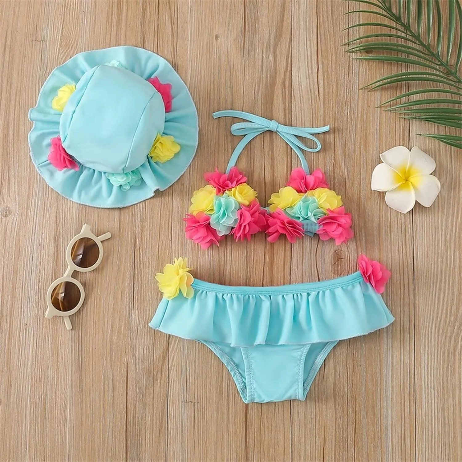 Yccutest Infant Baby Girl Flower Swimsuit 3Pcs Halter Triangle Tops Ruffle Bottoms Sun Hat Bikini Set Bathing Suit Swimwear