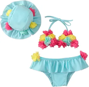 Yccutest Infant Baby Girl Flower Swimsuit 3Pcs Halter Triangle Tops Ruffle Bottoms Sun Hat Bikini Set Bathing Suit Swimwear