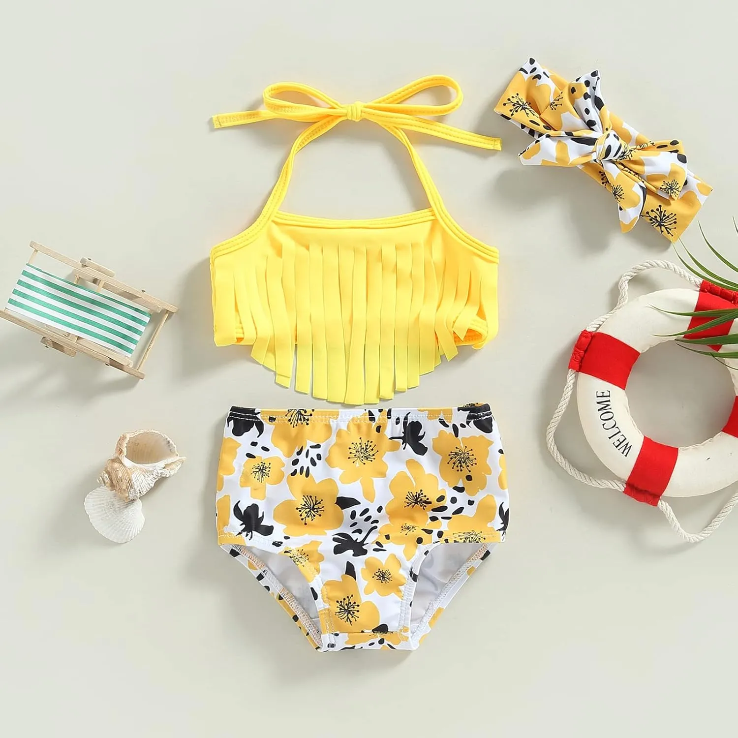 Yccutest Infant Baby Girl Flower Swimsuit 3Pcs Halter Triangle Tops Ruffle Bottoms Sun Hat Bikini Set Bathing Suit Swimwear