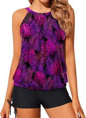 Yonique Tankini Swimsuits with Shorts - Tummy Control Two Piece Blouson Bathing Suits High Neck Swimwear