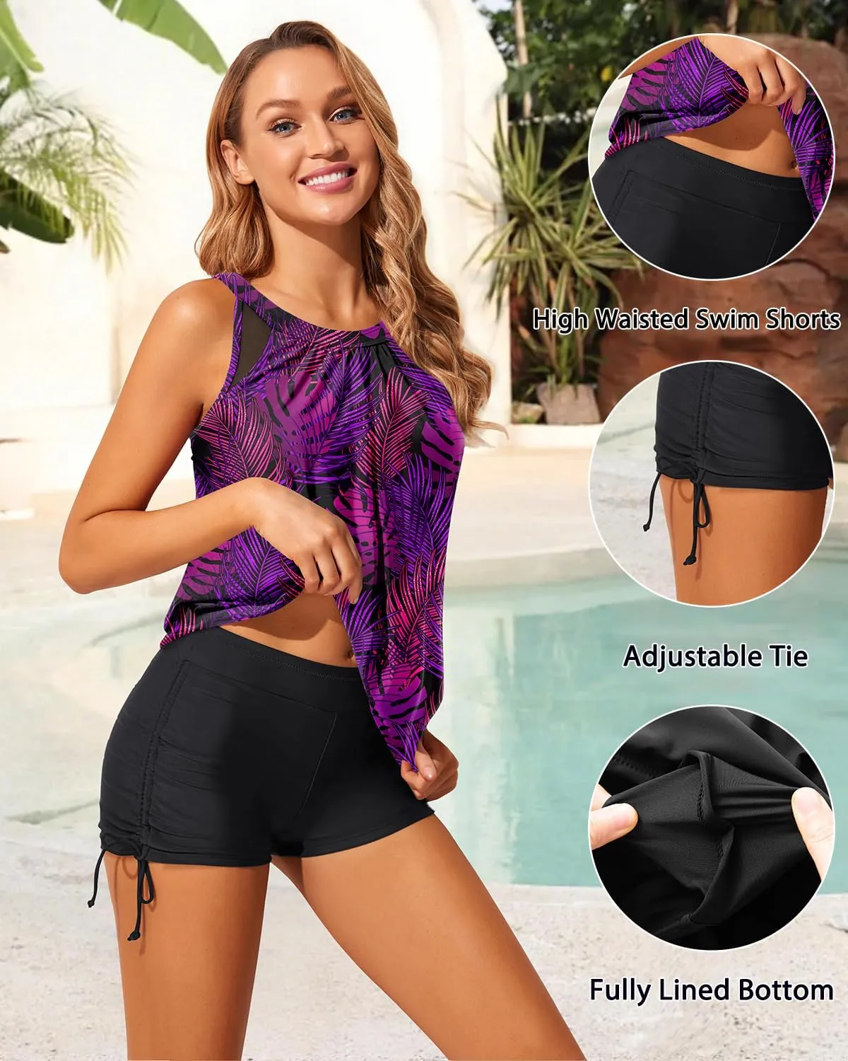 Yonique Tankini Swimsuits with Shorts - Tummy Control Two Piece Blouson Bathing Suits High Neck Swimwear
