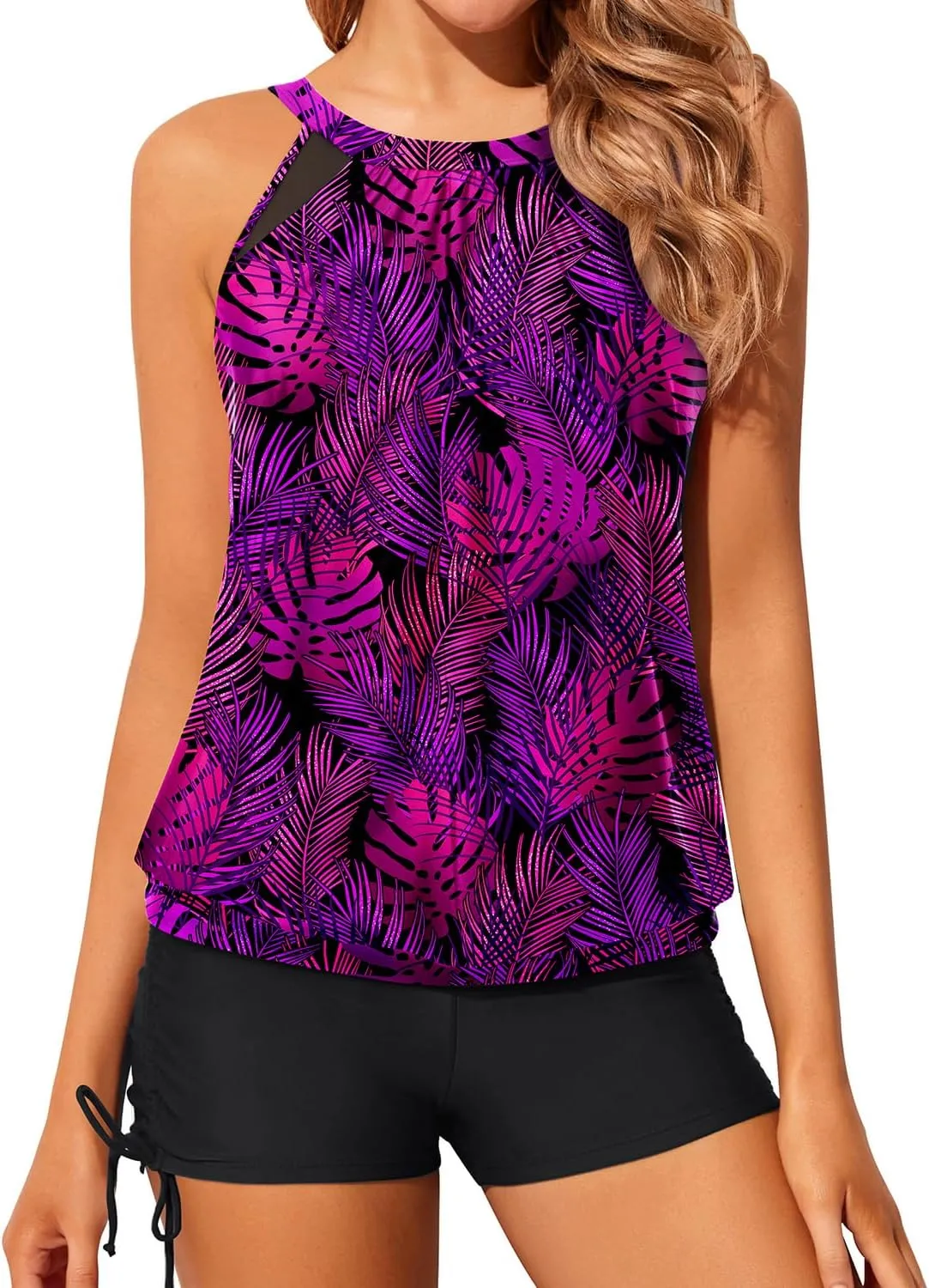 Yonique Tankini Swimsuits with Shorts - Tummy Control Two Piece Blouson Bathing Suits High Neck Swimwear